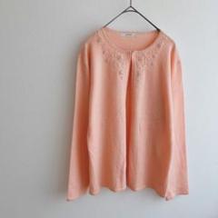 GIVORS サーモンピンク ビーズ刺繍入り 長袖カーディガン　羽織り　毛混　М