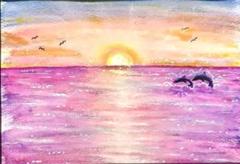 夕海とイルカ　A5サイズフレーム入り　原画　水彩画　風景画　海景色