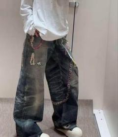 y2kデニムパンツ 新品 ユニークデニムパンツ Mサイズ