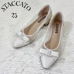 美品 STACCATO パンプス リボン レース 23 モノグラム 白