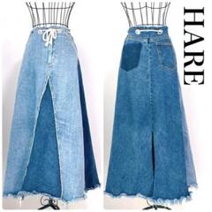 HARE パッチワークデニムロングスカート 青 S【ach005】