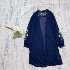 花柄刺繍入り ネイビー オープンフロントカーディガン 春夏 長袖 a2229