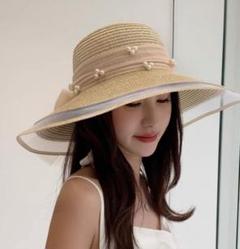 【紫外線対策】レディース 海 麦わら帽子 ベージュ リボンハット UVカット