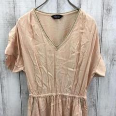 【Velnica】ロングワンピース　ピンク　Ｖネック　ウエストゴム紐