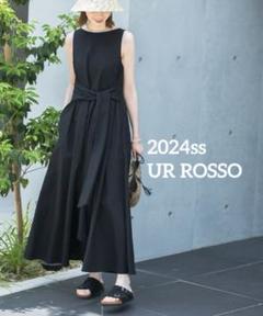 24ssUR ROSSO リネン混リボンドレス ノースリーブロングフレアワンピ黒