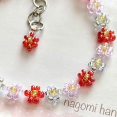 No.8-10 ハンドメイド　フラワーガラスビーズブレスレット　赤×紫×青　韓国