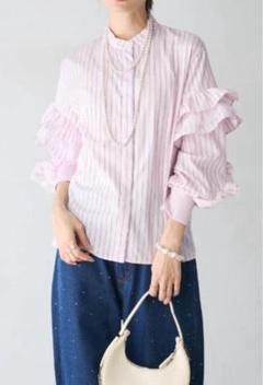 【新品未使用】Frene ラッフルスリーブリブカフスノーカラーシャツ