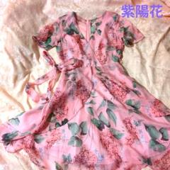 紫陽花柄　ピンクワンピース　夏　レース