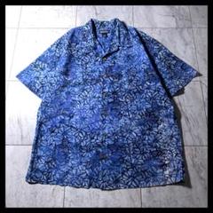 90s LAND'S END 総柄 花柄 コットン アロハシャツ ブルー L