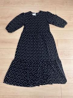 【ザラ】ドット柄 水玉 シフォン ロング ティアード ワンピース XS 黒×白 ZARA - 【ザラ】Vネック ドット シフォン ティアード ロング