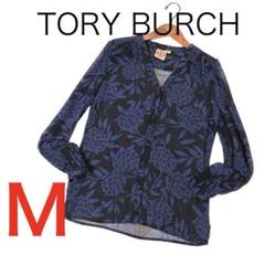 TORY BURCH》トリーバーチ(4) Vネック花柄ブラウス 紺 シルク