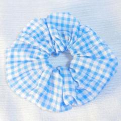 【No.16】ハンドメイド シュシュ 水色 チェック柄 推し活