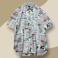 polo ボロ　メンズ　新聞記事風 総柄　半袖　シャツ　ボタンダウン　M 古着
