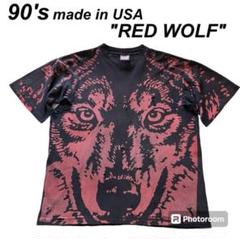 フェード ダメージ◎ 90's USA製"RED WOLF"tシャツ墨黒 XL