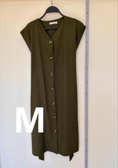 美品｜オリーブ色ロングワンピース｜半袖ボタン付春夏向け