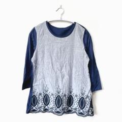 花柄刺繍Tシャツ【M〜L】グレー ネイビー 七分袖 カジュアル レディース