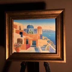 手描き油絵 サントリーニの風景 額付 肉筆絵画 インテリア 油彩