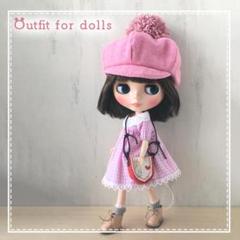 チェックワンピース、帽子、バッグ　ブライスアウトフィット、ハンドメイドドール服