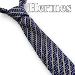 HERMES 総柄 シルク100％ ネイビー ネクタイ 6974