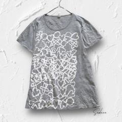 Y4409【1601】総柄プリントTシャツ グレー ロング丈 アートデザイン