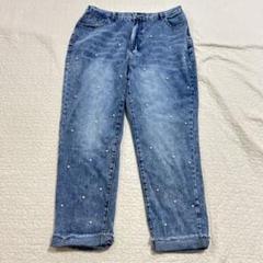 パール装飾付きデニムパンツ　七分丈　ジーパン　ジーンズ　大きいサイズ　a2387