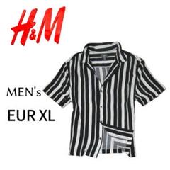 メンズ海外XLサイズ H＆M モノトーンストライプ柄半袖レーヨンシャツ