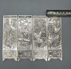 銅 細工 四扇屏風 挿屏 文房四宝 茶道具 装飾品 現代工芸品 美術