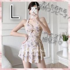 レディース水着 ワンピース 花柄 L イエロー 黄色 小花柄 韓国