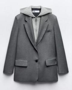 ZARA ザラ コンビ素材 フード付き ヘリンボーンブレザー L