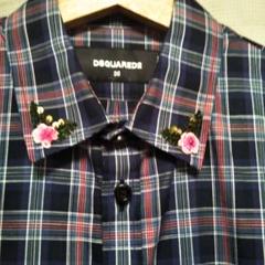 DSQUARED2長袖シャツ 花 フラワービジュー チェック ネイビーピンクSのサムネイル