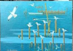 手賀沼風景を描く、日下賢二、50号油彩 ユリカモメ 人気作家