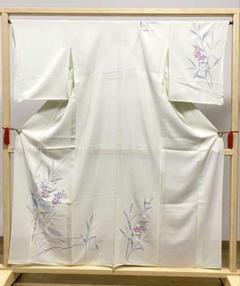 A5 夏物 桔梗と鴛鴦模様 灰黄緑色 正絹 薄物 絽 紗 付下げ 着物
