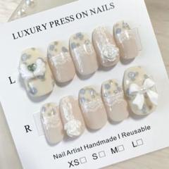 現品୨୧ちゅるんネイルチップ　フレンチガーリーバレエコア　水色　小花柄バレリーナ