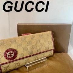 GUCCI 二つ折り財布 ベージュ/レッド　GGキャンバス　インターロッキング