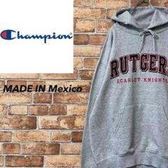 チャンピオン　メキシコ製　パーカー　スウェット　刺繍ロゴ　グレー　袖プリント　M