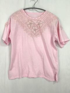 昭和レトロ 韓国製レース刺繍Tシャツ ピンク Lサイズ ヴィンテージ フェミニン
