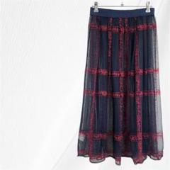 ネイビー レース　ロングスカート　フレアスカート　チェック　XS　ウエストゴム