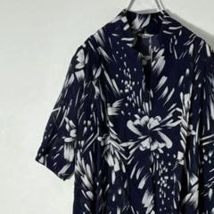 墨絵風フラワープリント チュニックブラウス／ノーカラー七分袖　さら生地