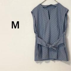 リボン結びブラウス 【M】ノースリーブシャツ ストライプ柄 コットン混 日本製