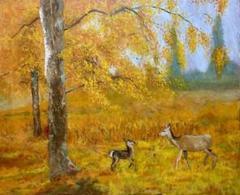 鹿の親子 F25油彩画 風景画 oil painting art 鹿の親子 F25油彩画 風景画