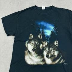 もふもふ狼二匹　オオカミ　半袖Tシャツ　アニマル　古着　ブラック　XL