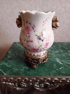 手描き花柄陶器花瓶 金属台付き