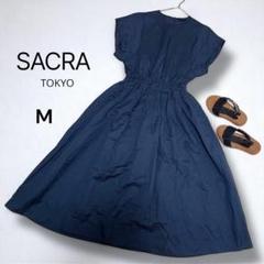 SACRA サクラ リネン混ロングワンピース【M】ウエストゴム ネイビー 半袖