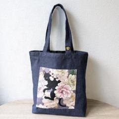 黒猫＆花柄のデニム トートバッグ 猫雑貨 エコバッグ 男女兼用