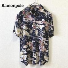 Ramonpole シャツ　半袖　和柄　おしゃれ　紺　扇子　ネイビー　M