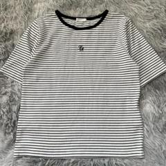 美品✨【COLZA】 ボーダー総柄 半袖リブTシャツ (M) 綿混 ワンポイント