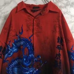 ファイヤー　龍　炎　リブプリント　両面プリント　総柄ポリシャツ　レッド　３ＸＬ