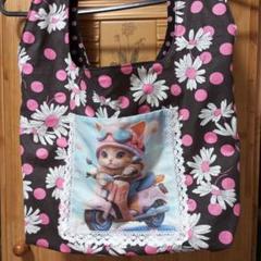 リバーシブルエコバッグ☆ネコ☆花柄☆ポケット付き　ハンドメイド