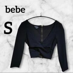 bebe 【S】Vネック 七分袖クロップドトップス ブラック
