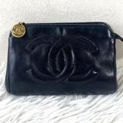 外観美品　CHANEL ポーチ ココマーク コインケース　ラムレザー　黒